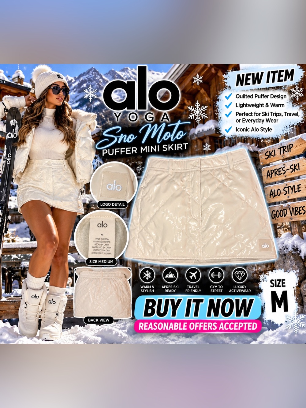 Alo Yoga Sno Moto Puffer Mini Skirt Ivory Size M Winter Après Ski